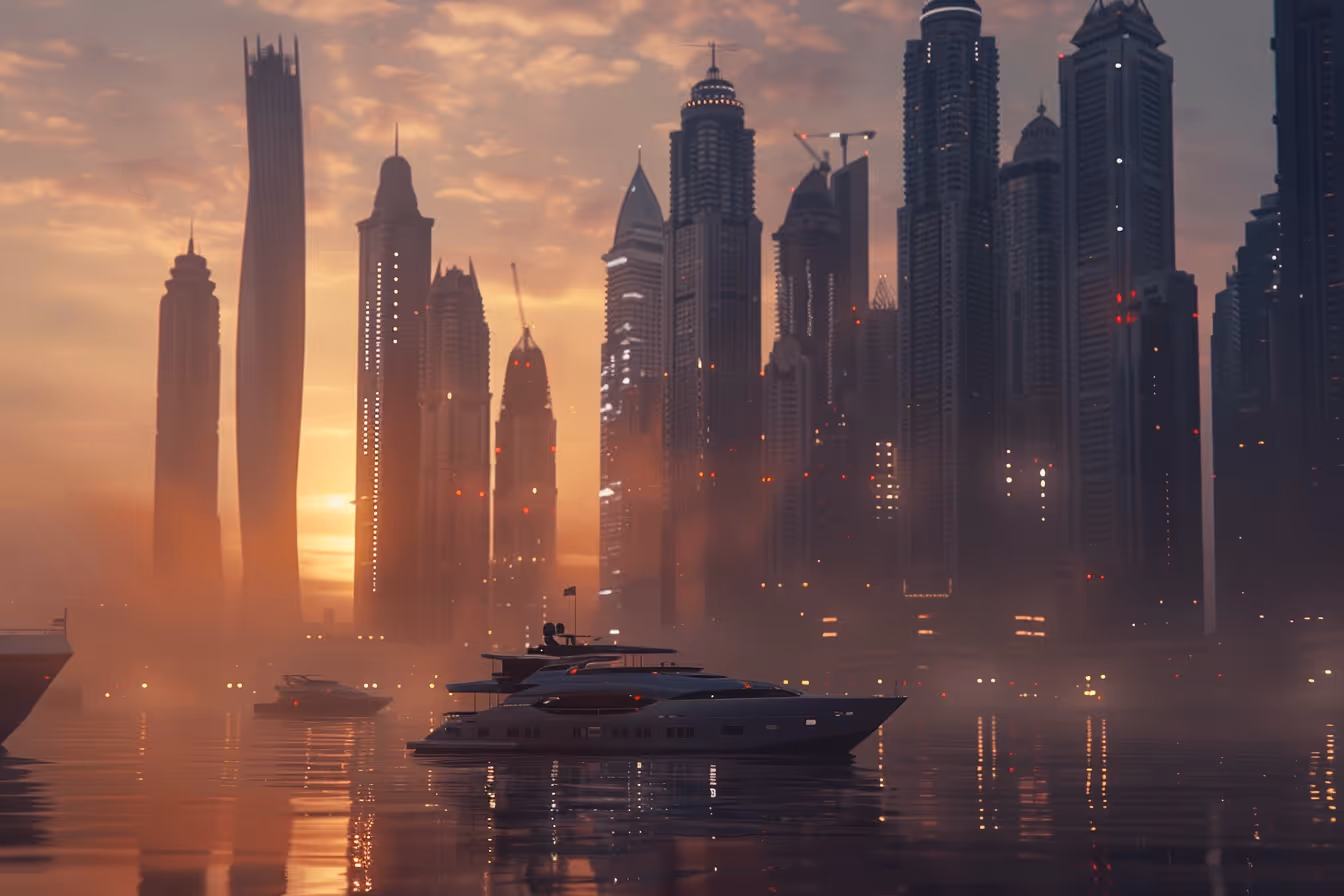 Luxe jachten bij zonsopgang voor een moderne skyline.