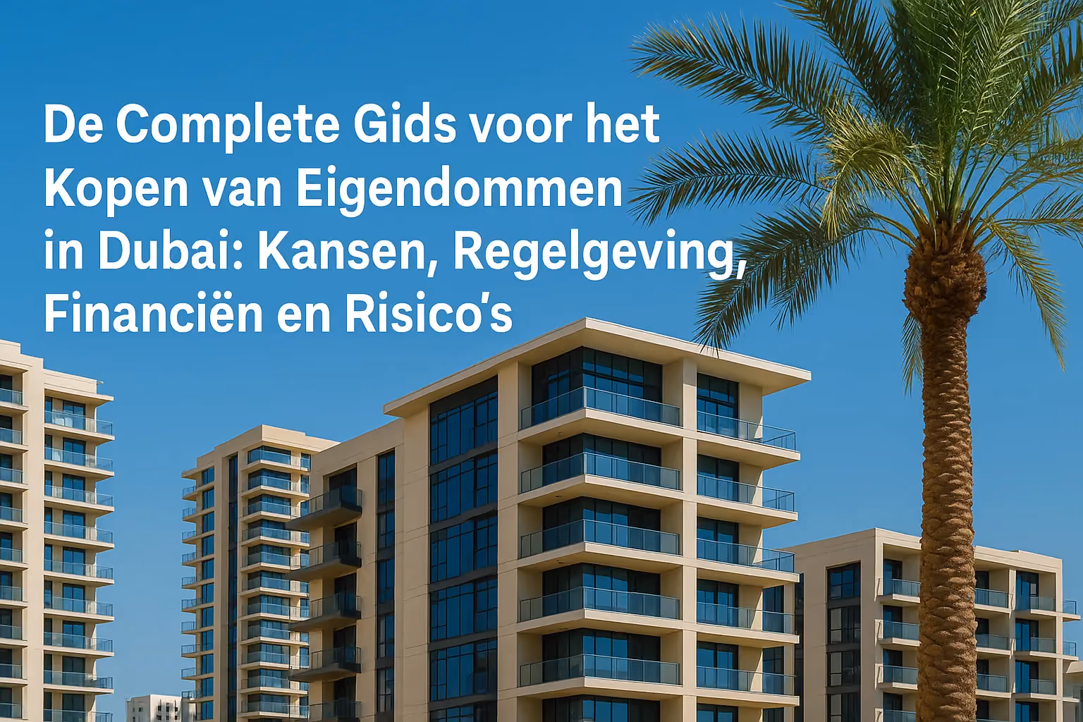 Moderne residenties in Dubai met een palmboom en een blauwe lucht, ideaal voor eigendom kopen in Dubai.