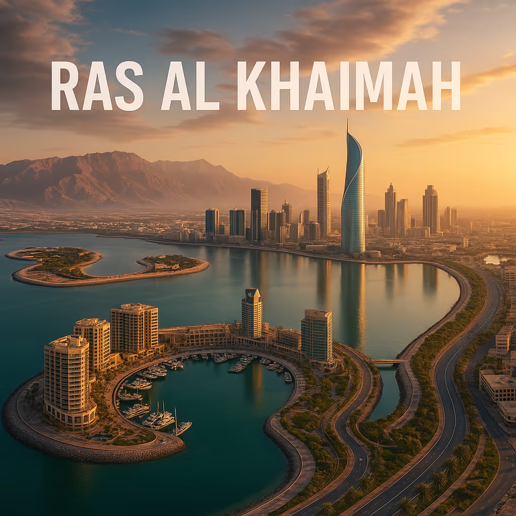 Luchtopname van Ras al Khaimah met moderne wolkenkrabbers, een marina met boten en een omringende kustlijn bij zonsondergang.