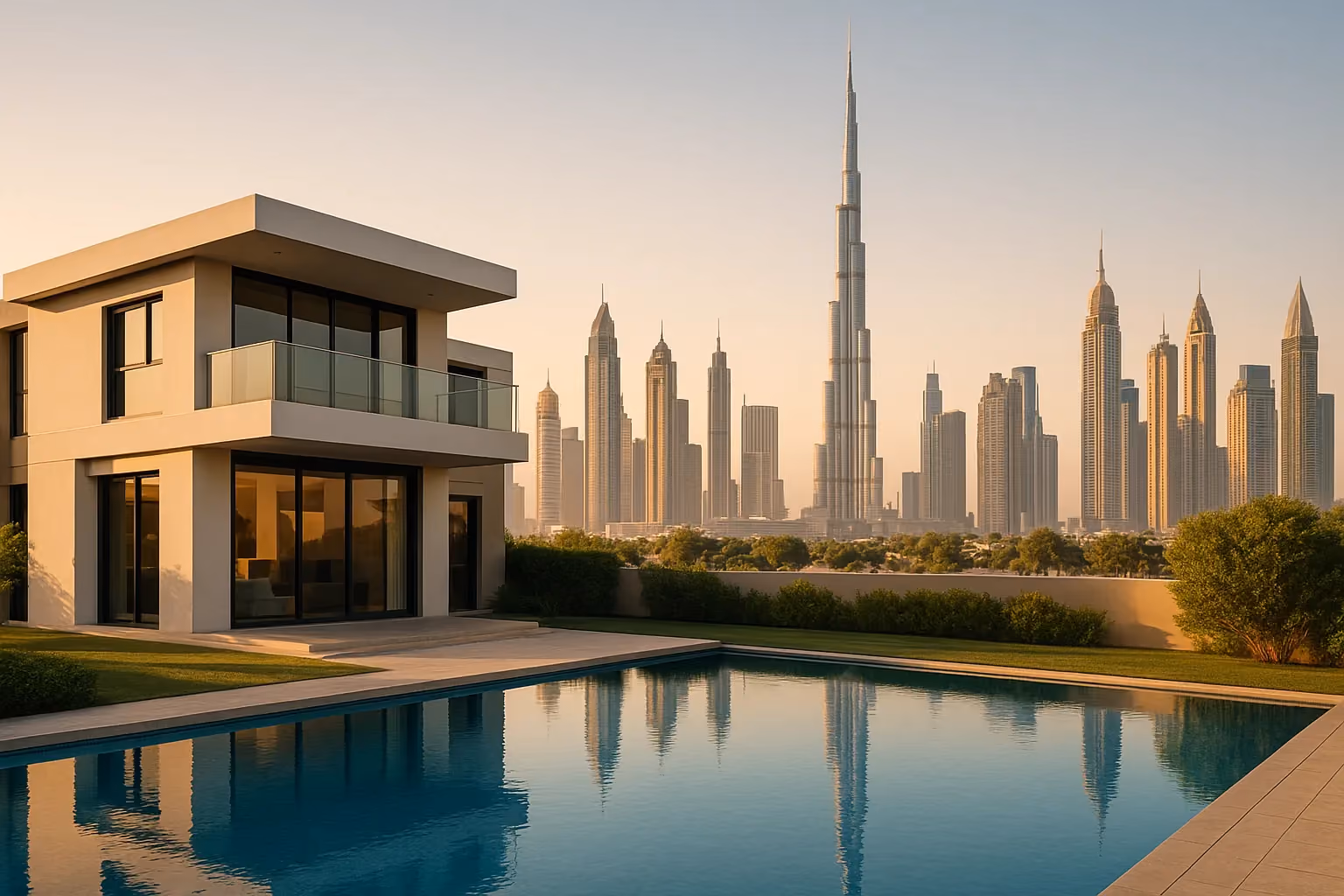 Moderne Dubai woning met skyline bij eigendomsoverdracht van vastgoed