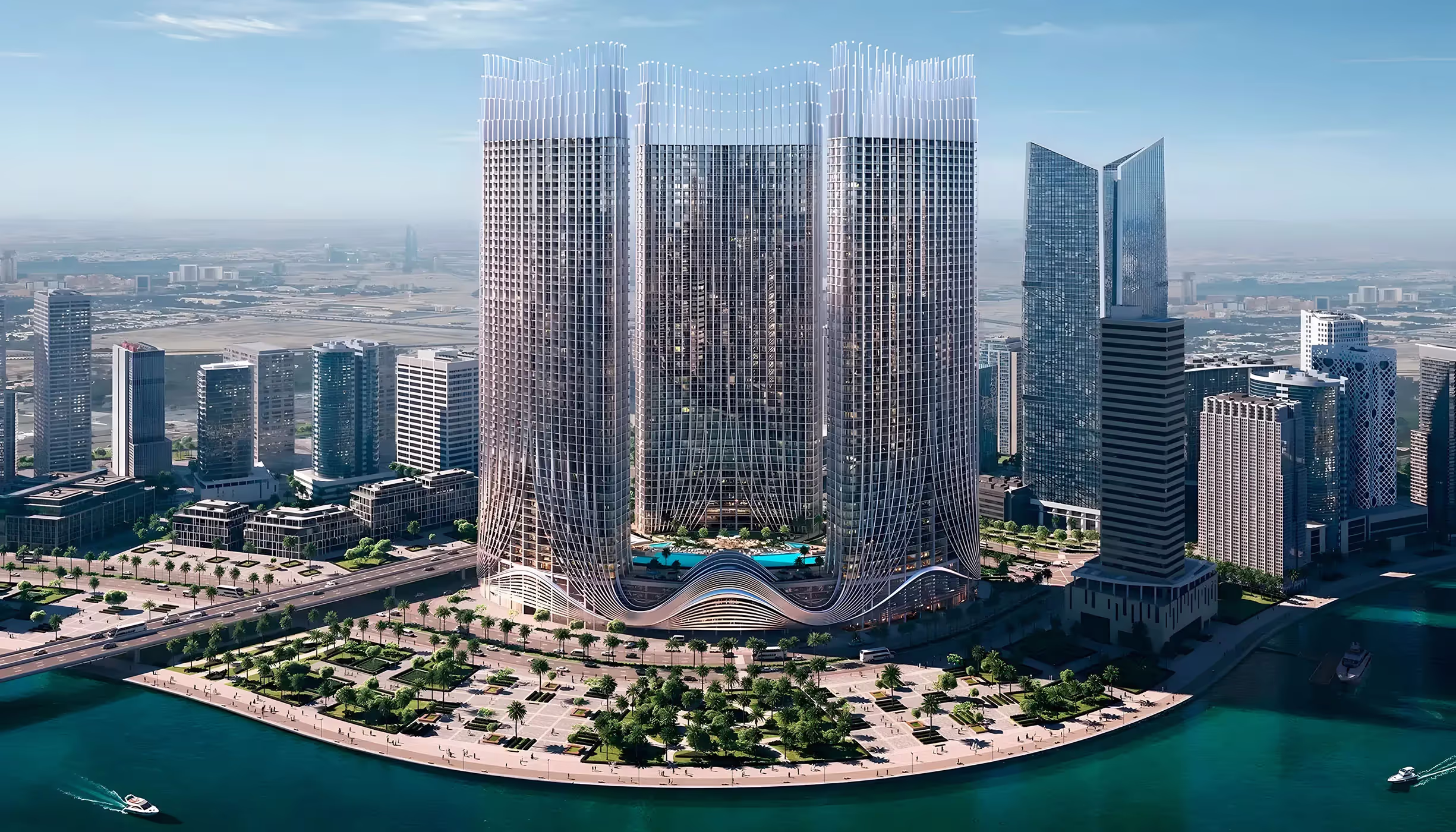 Binghatti Skyrise is a 48-storey residential tower featuring four underground levels and a ground floor, complemented by five podium levels dedicated to recreation and attractions, offering a unique blend of signature design elements and modern urban elegance along the stunning Dubai Canal. Located in one of Dubai's most prestigious business districts, Skyrise is the first mega-development in Business Bay. This trio of towers will feature premium studios and 1, 2, and 3-bedroom apartments. Binghatti Skyrise offers residents panoramic views of the city's most iconic landmarks, including the Burj Khalifa, while immersing them in the vibrant ambiance of one of Dubai's most sought-after neighbourhoods.