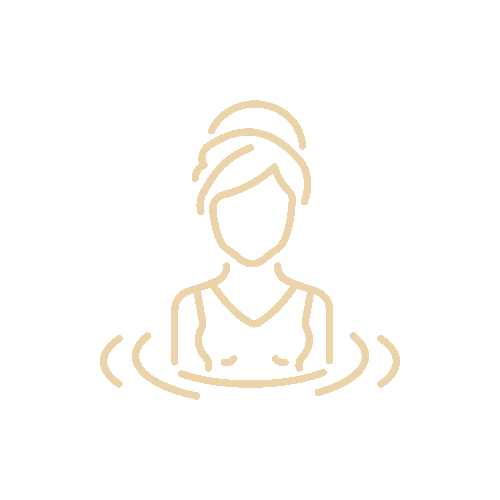 Eenvoudige lijntekening van een vrouw die ontspant in water met een handdoek om haar haar.