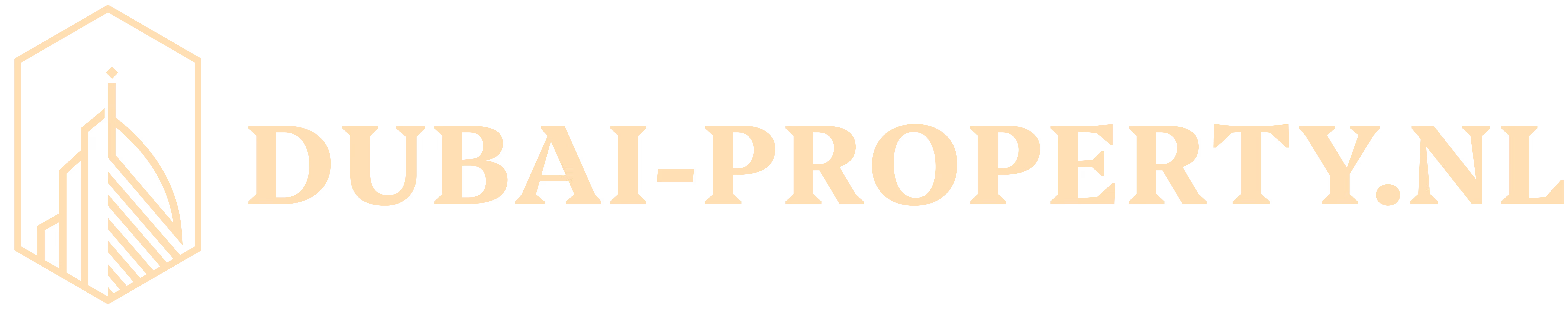 Logo met een lijntekening van moderne gebouwen binnen een hexagon en de tekst 'DUBAI-PROPERTY.NL' in grote hoofdletters.