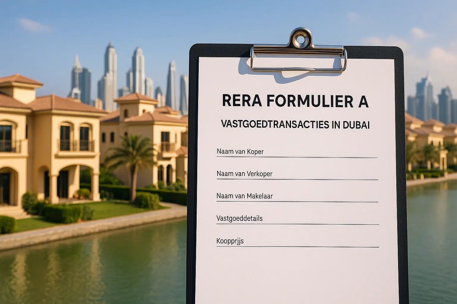 RERA formulier A voor vastgoedtransacties in Dubai met huizen op de achtergrond.