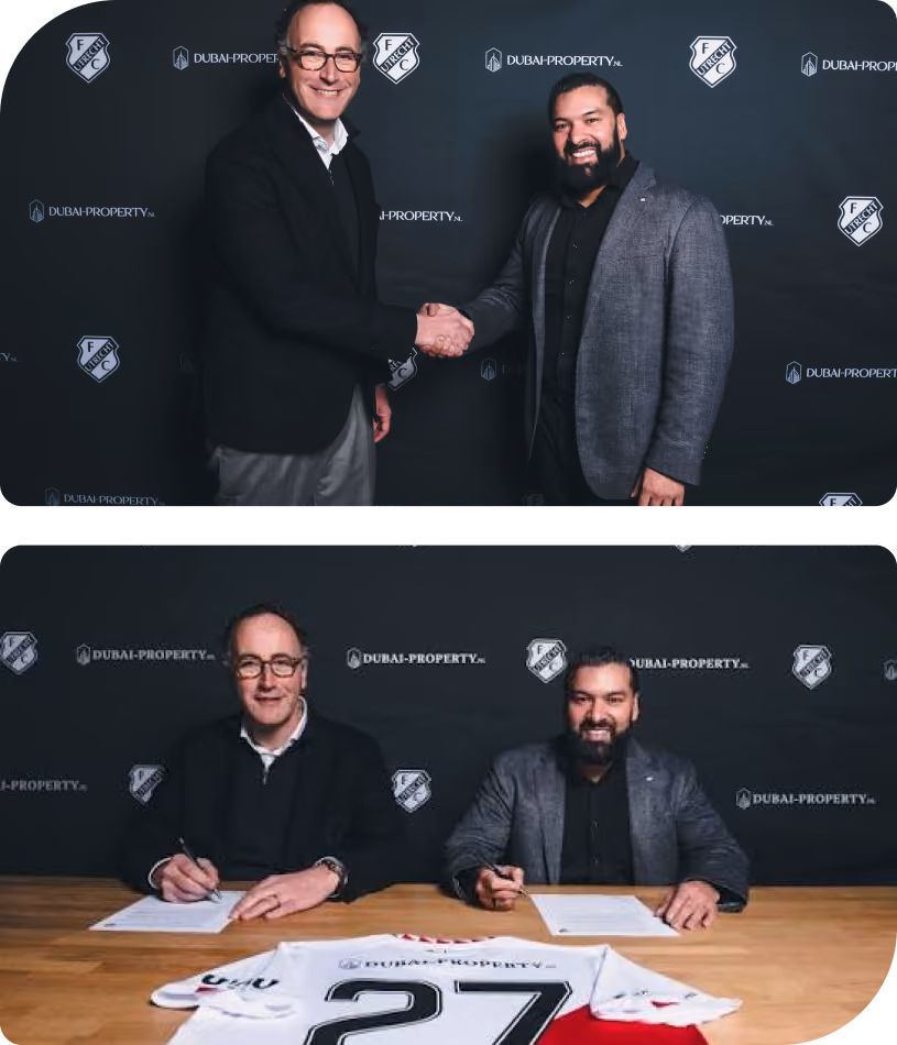 Mensen poseren met voetbalshirt met rugnummer 27 tijdens een evenement van Dubai-Property.nl.