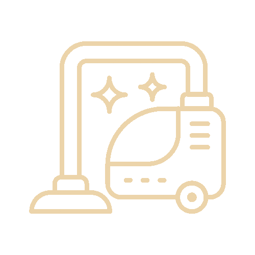 Pictogram van een stofzuiger met fonkelende schoonmaaksterretjes.