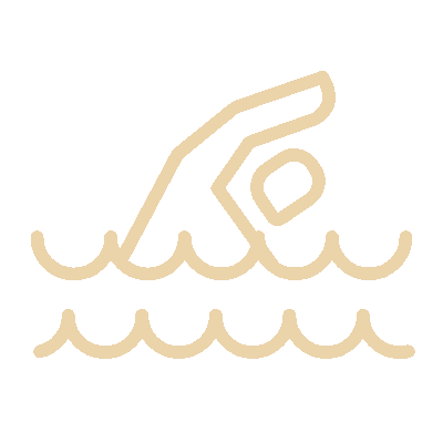 Eenvoudige lijntekening van een persoon die baantjes zwemt in het water.