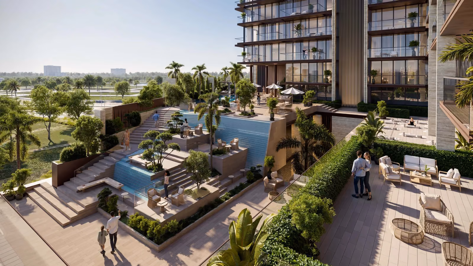 Luxe zwembad en vastgoedvoorzieningen voor netto rendement in Dubai